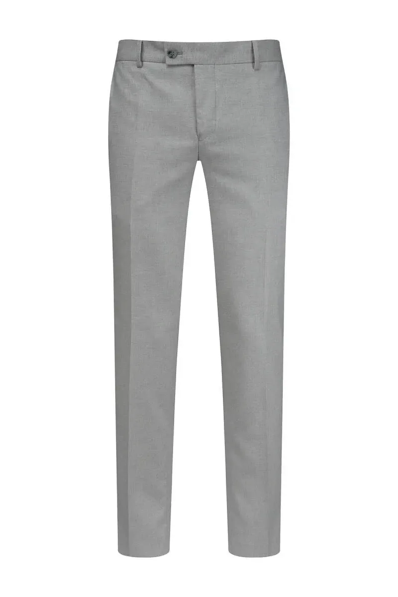 Grey tailored trousers, full front view